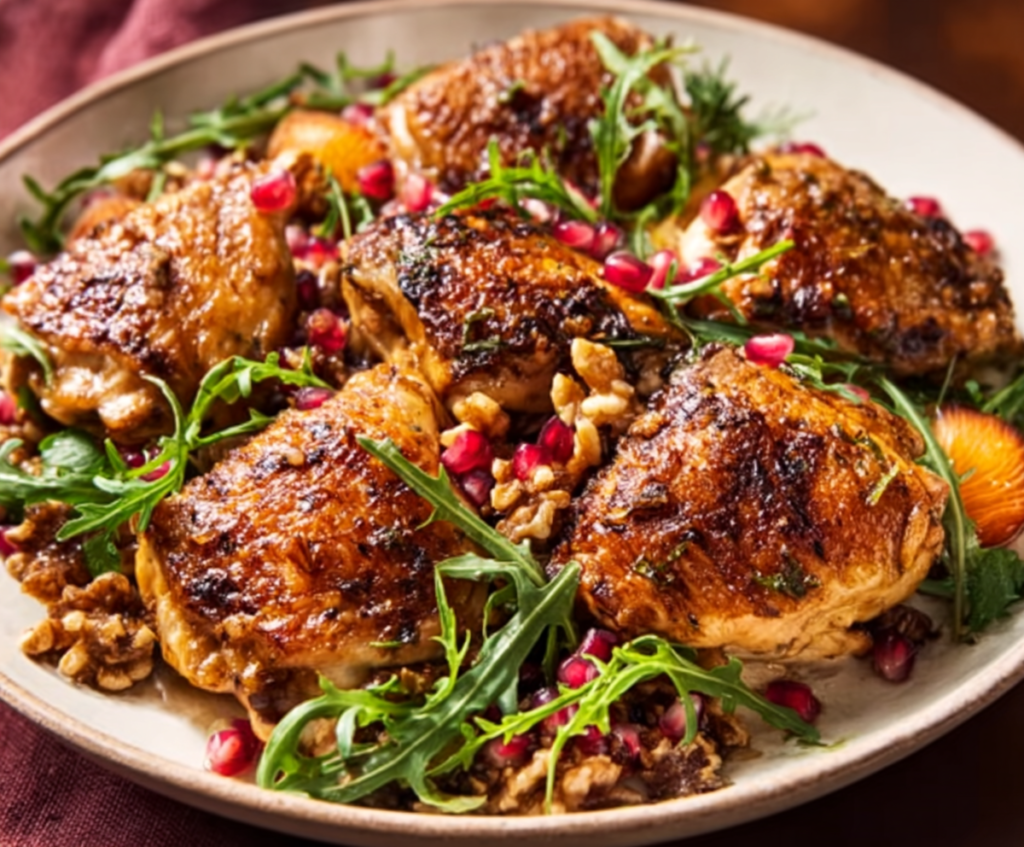 Delicious Sheet-Pan Pomegranate Chicken served with a walnut relish on a rustic platter.