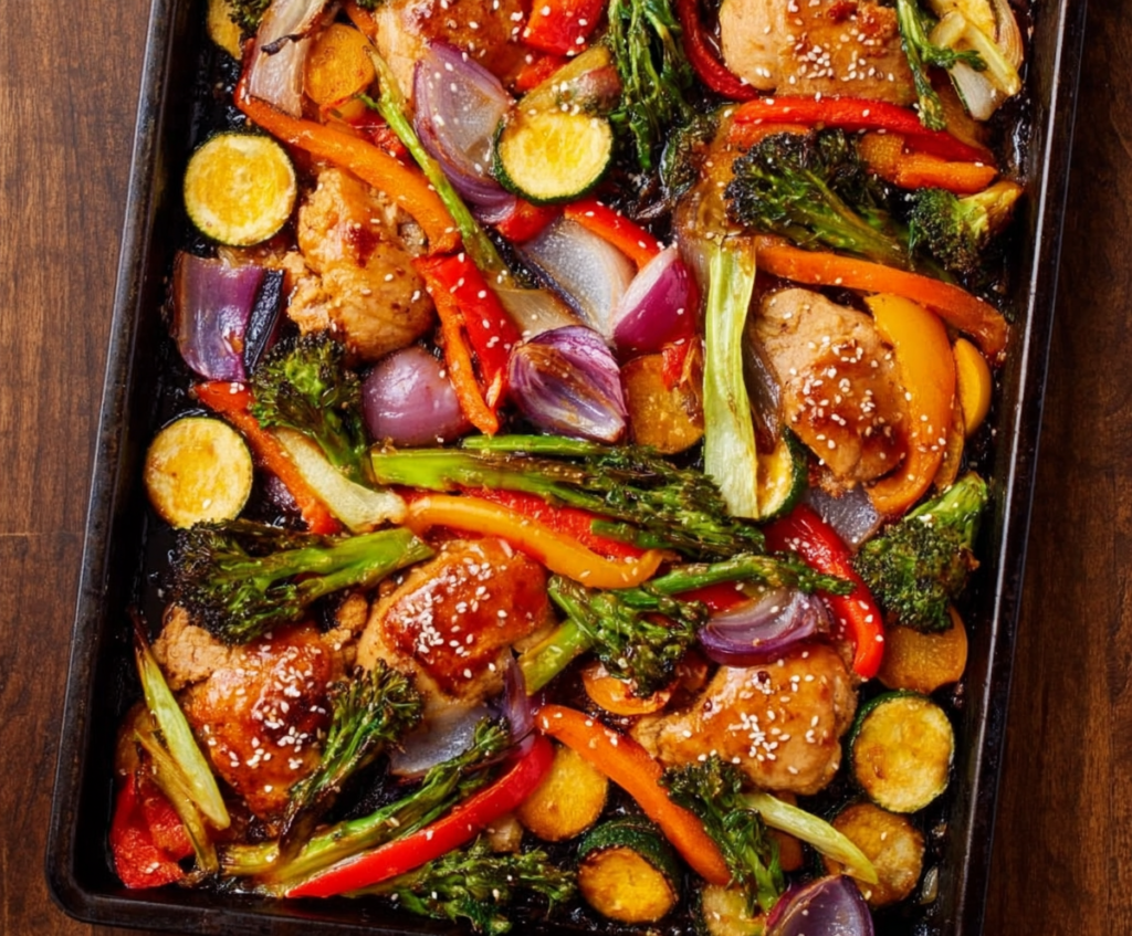 Delicious Sheet Pan Sesame Chicken with colorful vegetables, perfect for a healthy dinner.