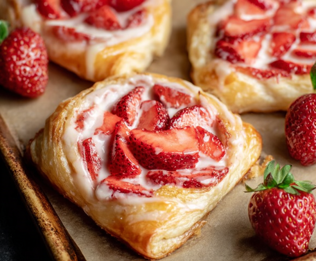 Delicious strawberry cream cheese danish pastry with fresh strawberries and creamy filling on a plate.
