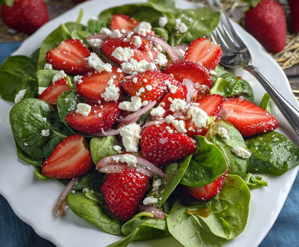 Fresh strawberry spinach salad topped with creamy goat cheese and crunchy nuts.