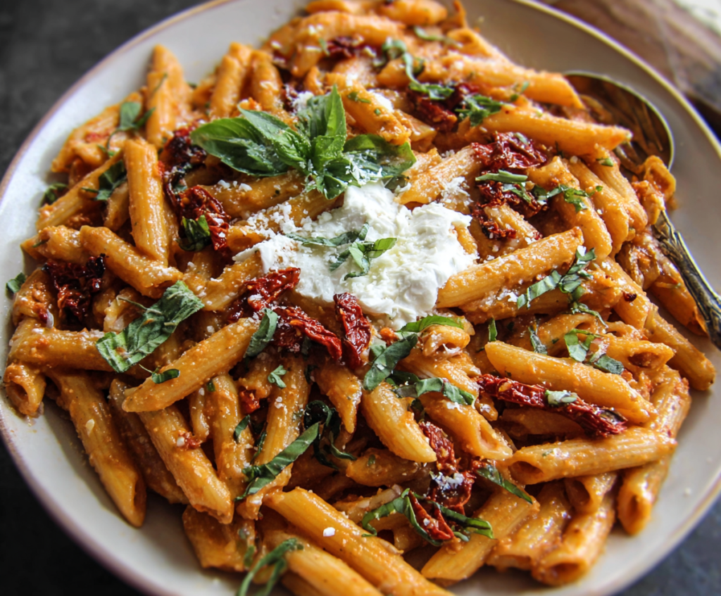 Delicious Sun-Dried Tomato Pasta garnished with fresh herbs on a rustic plate