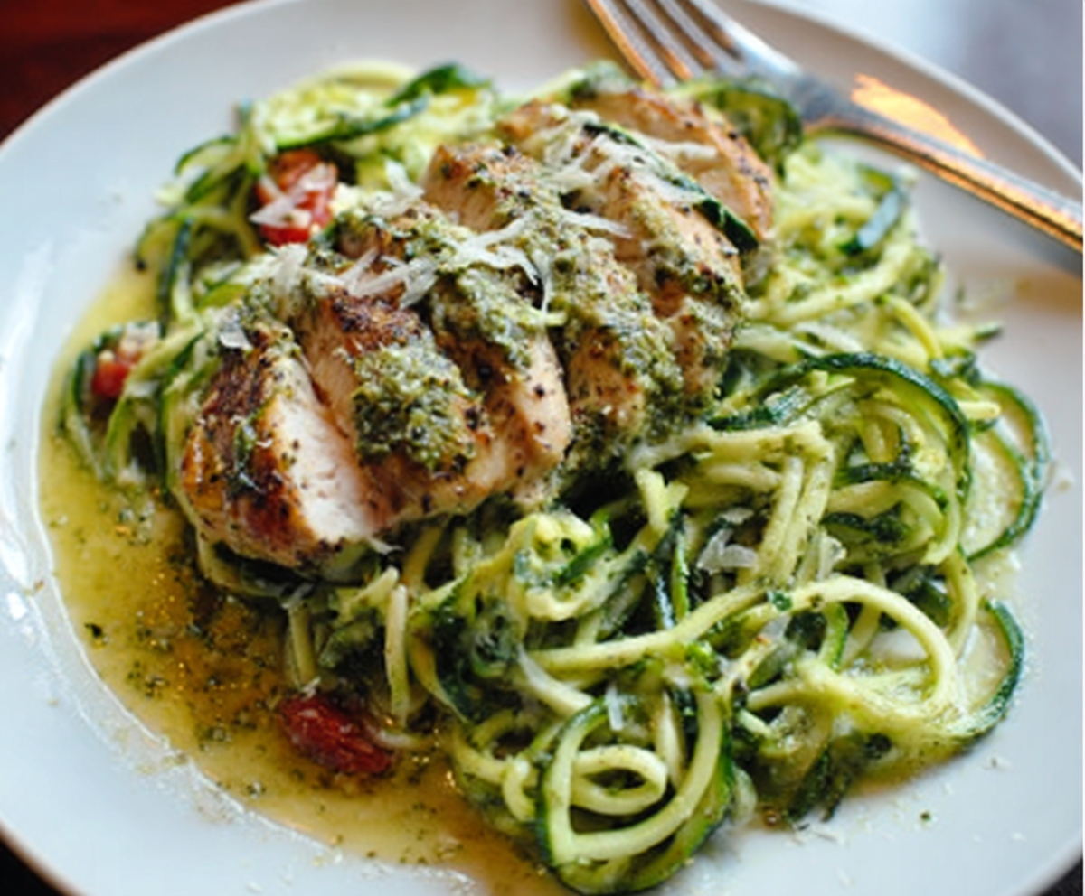 Easy Zucchini Noodles with Pesto & Chicken
