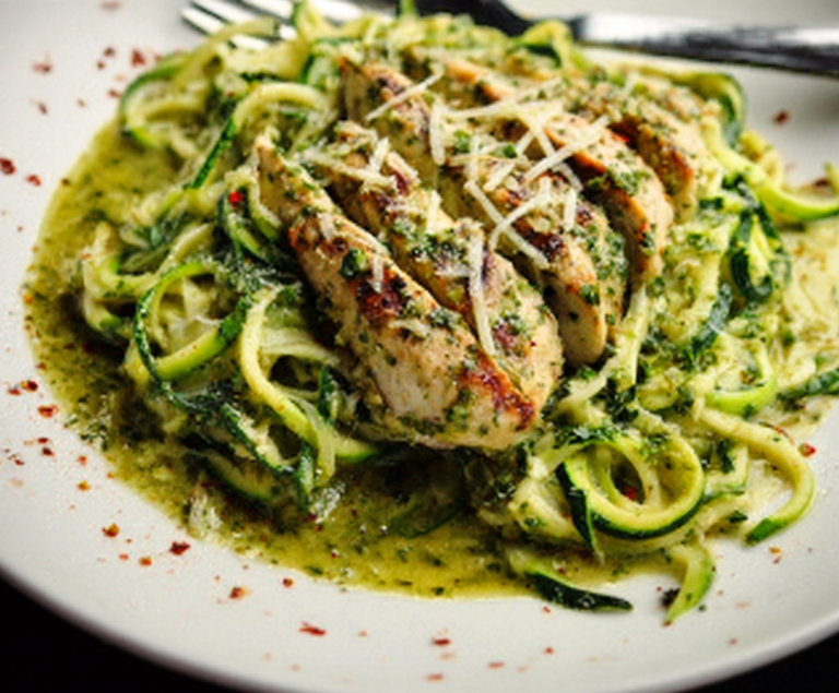 Zucchini Noodles with Pesto and Grilled Chicken