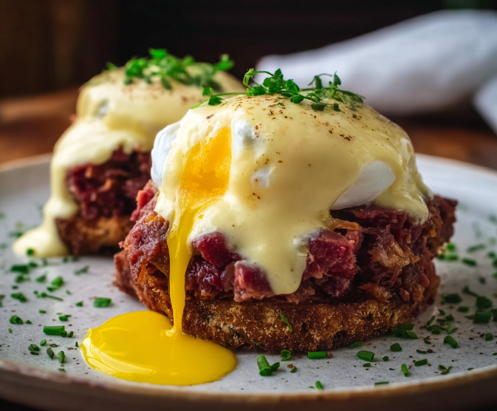 Delicious Corned Beef Hash Eggs Benedict served with poached eggs and creamy hollandaise sauce.