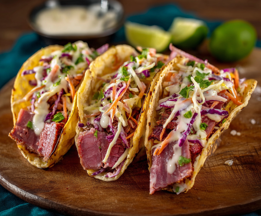Delicious corned beef tacos topped with fresh herbs and shredded cheese on a plate.