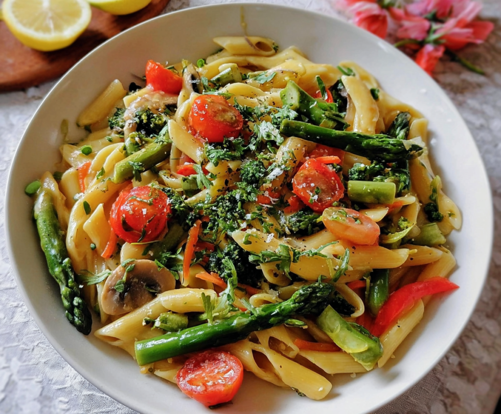 Colorful Pasta Primavera with fresh vegetables and herbs on a white plate