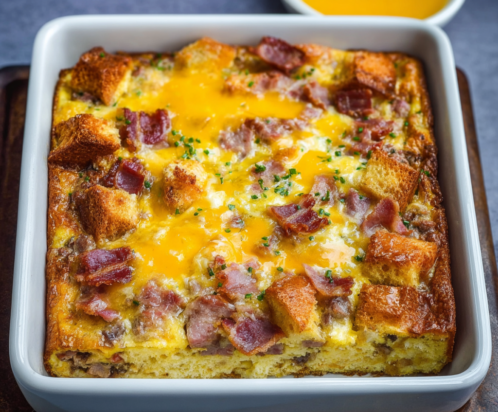 Delicious Easter Breakfast Casserole with eggs, cheese, and vegetables ready to serve.