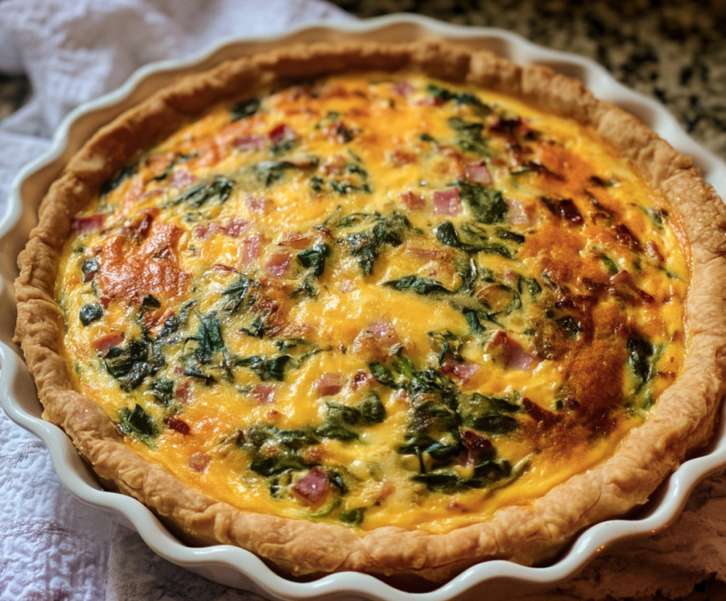 Delicious Easter Ham and Spinach Quiche served freshly baked with golden crust