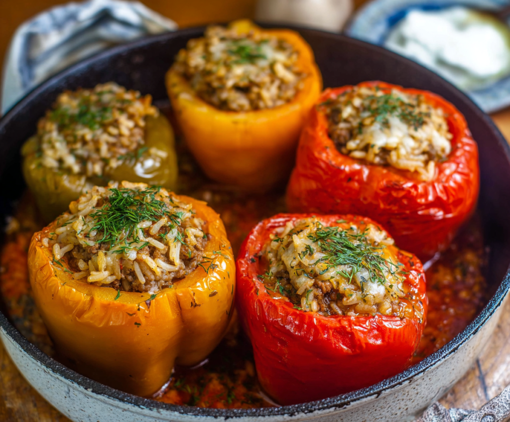 Delicious stuffed bell peppers filled with ground beef, rice, and melted cheese served on a plate.