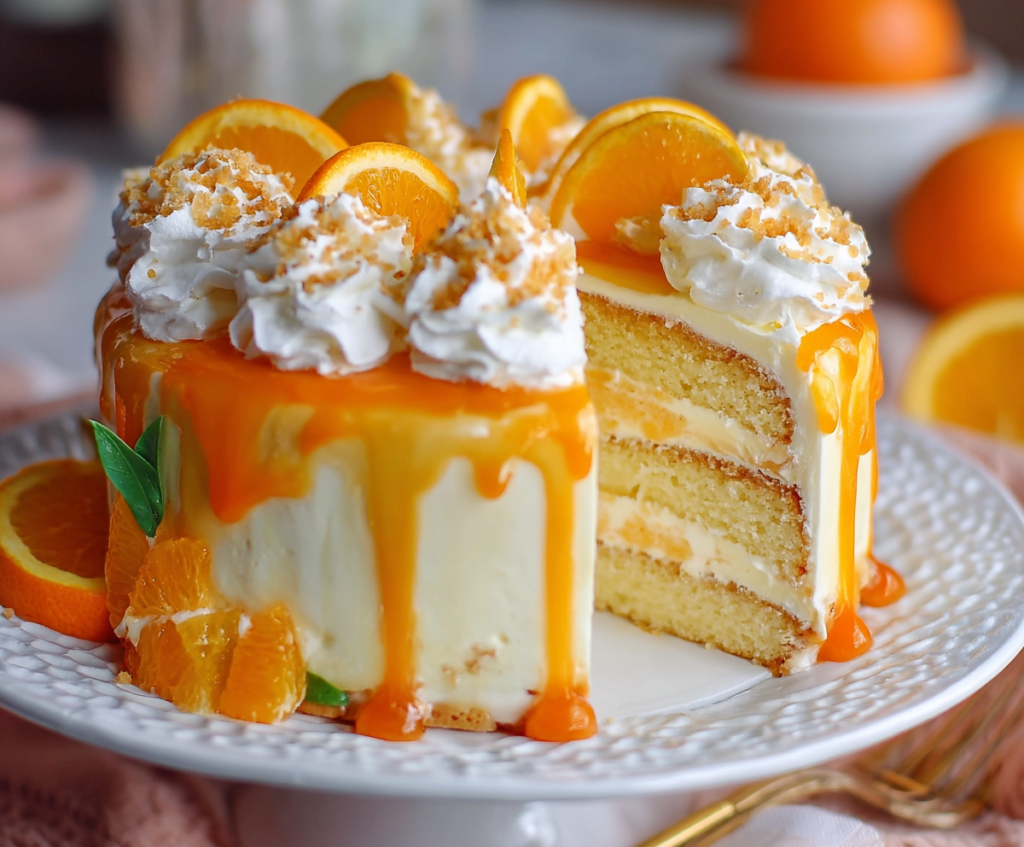 Delicious Orange Creamsicle Cake with a creamy frosting and vibrant orange topping perfect for summer desserts