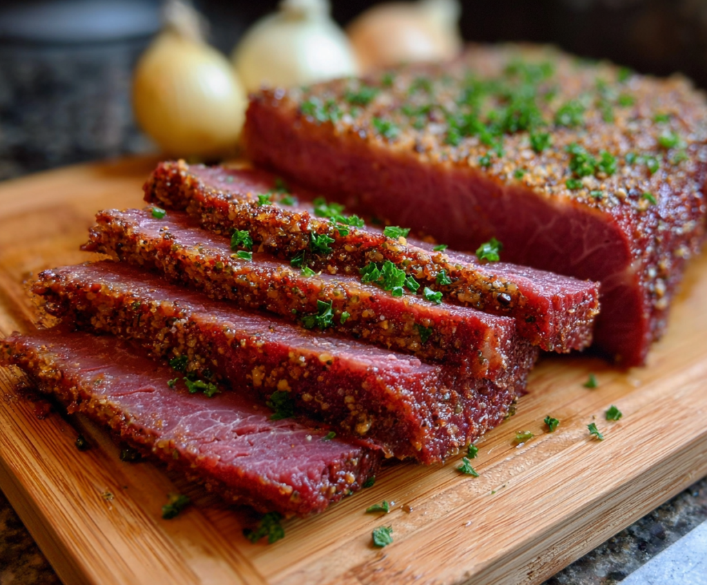 Delicious oven roasted corned beef with crispy edges served on a white plate