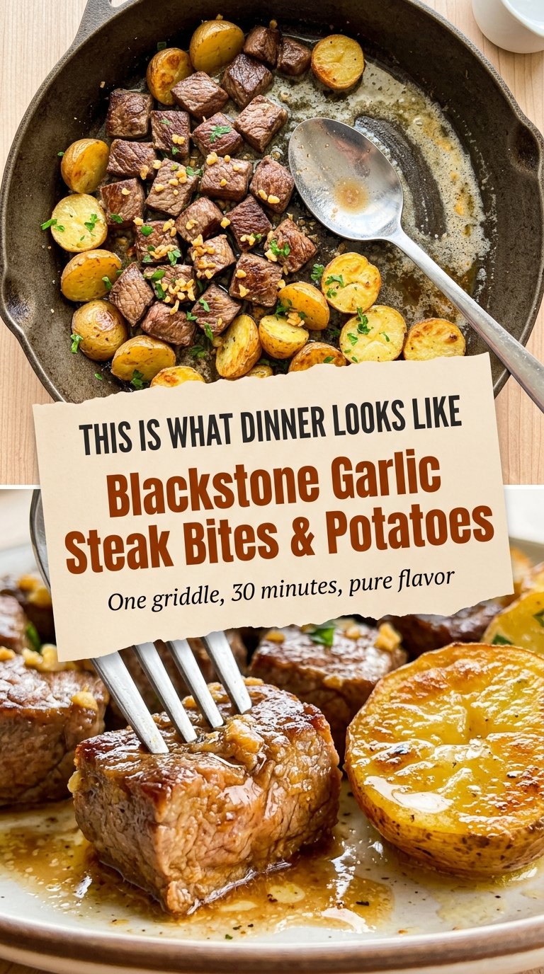 Blackstone Garlic Steak Bites and Potatoes