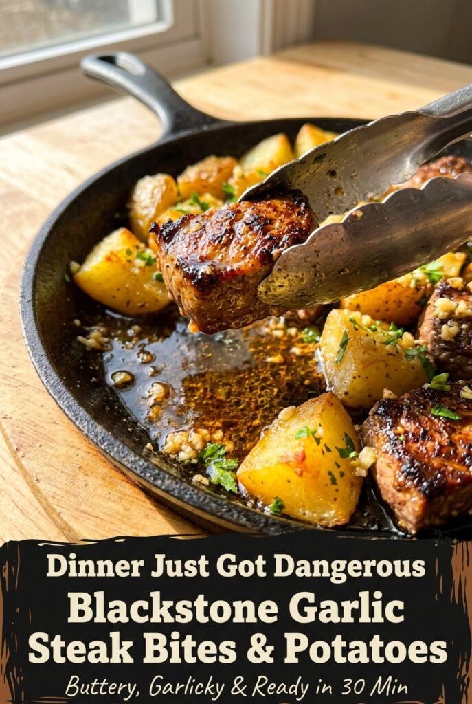 Blackstone Garlic Steak Bites and Potatoes