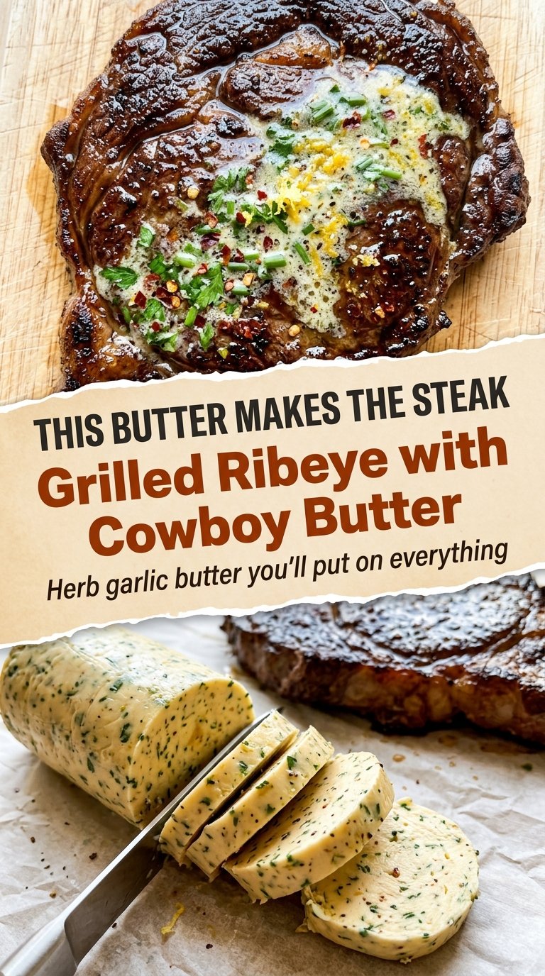 Grilled ribeye steak with cowboy butter