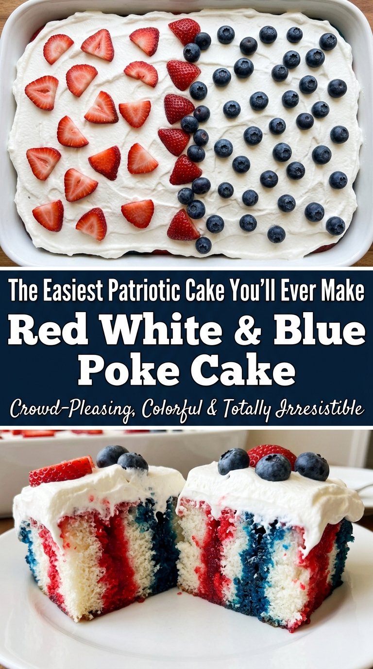 Red White and Blue Poke Cake patriotic dessert, fluffy whipped cream, berry layers