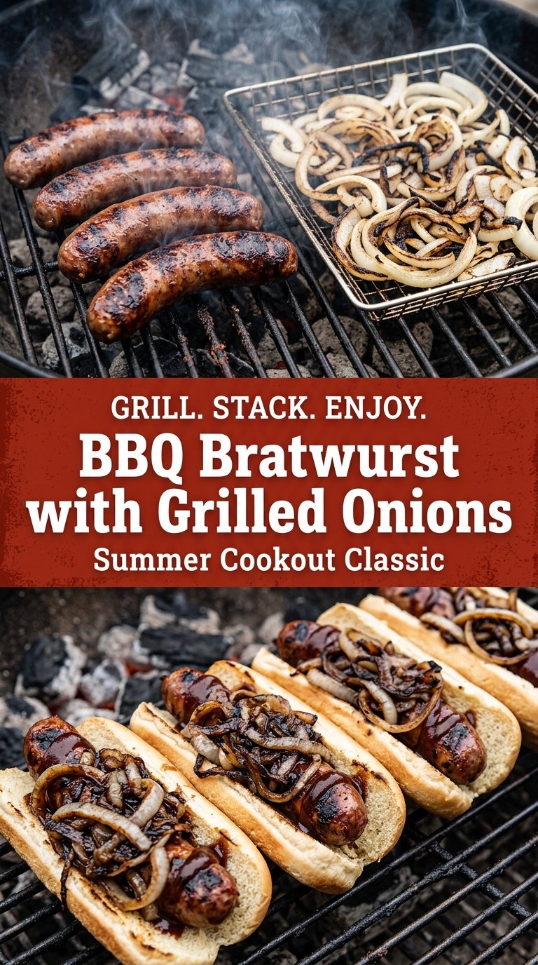BBQ Bratwurst with Grilled Onions smoky grilled sausage sweet onions