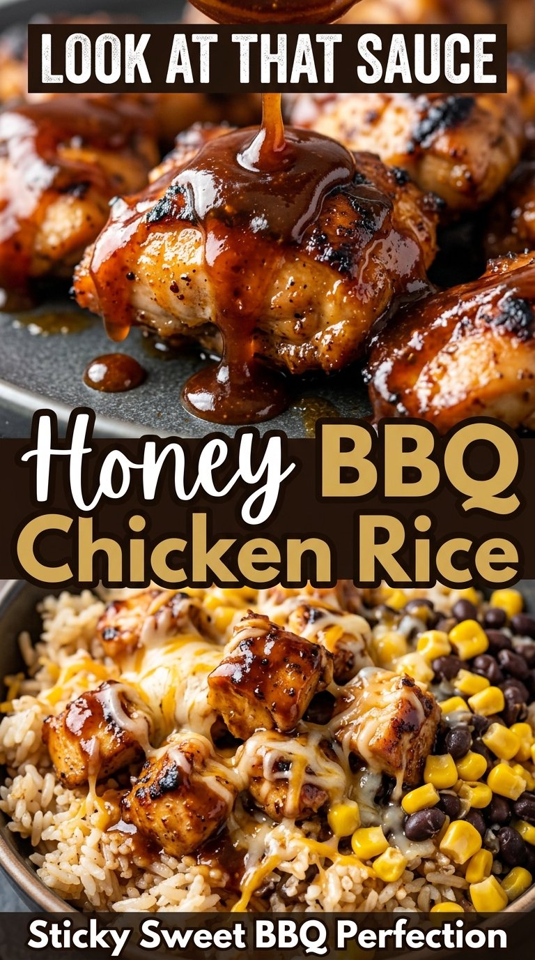 Honey BBQ Chicken Rice Bowls glossy saucy hearty