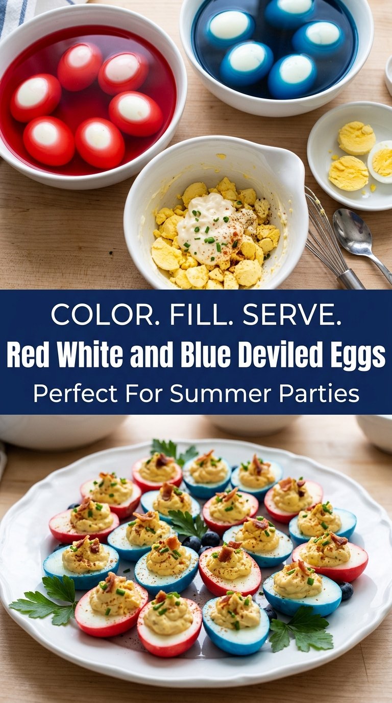 Red white and blue deviled eggs patriotic colorful festive