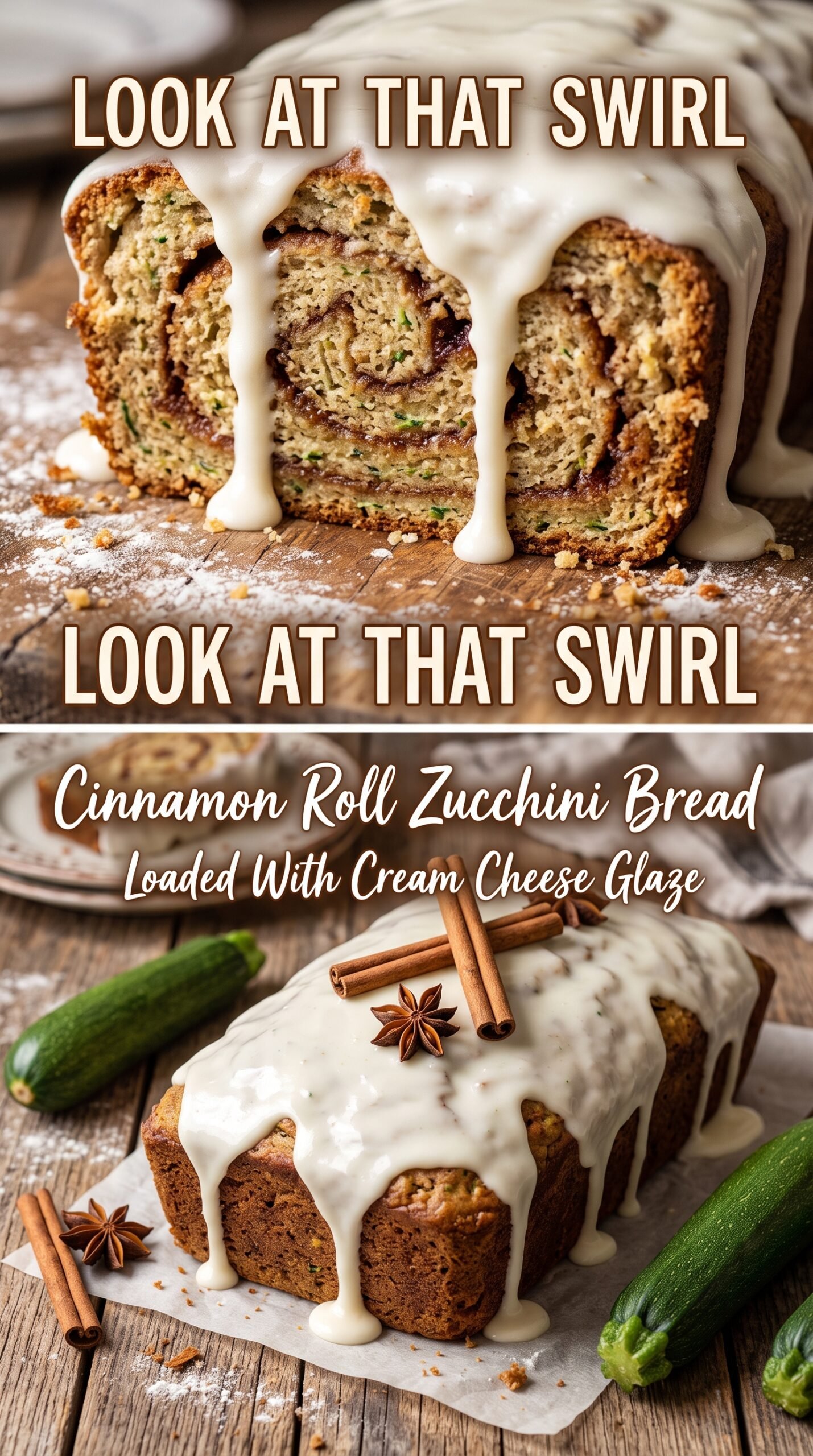 Cinnamon Roll Zucchini Bread with Cream Cheese Drizzle tender swirled loaf