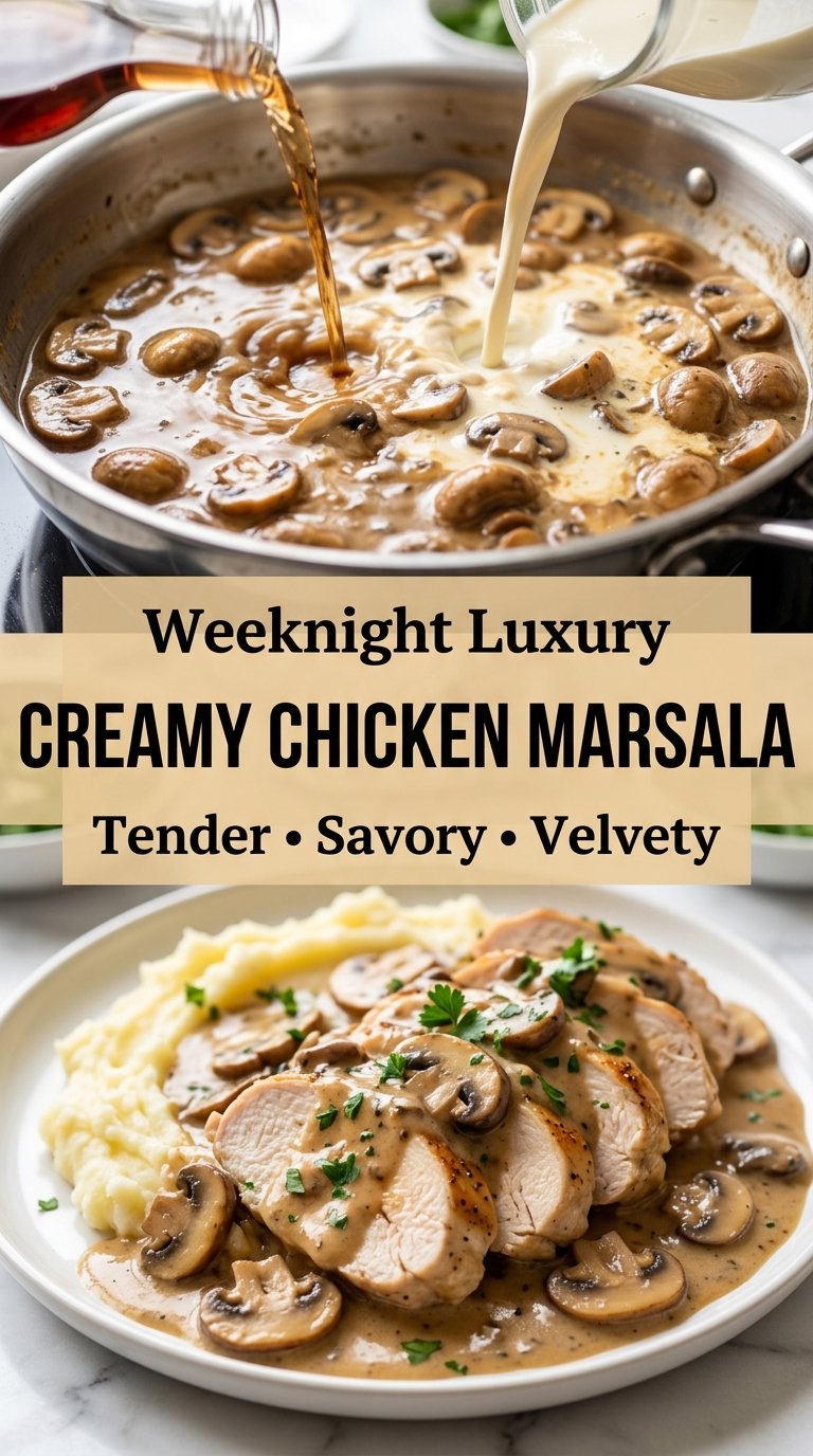 Creamy Chicken Marsala tender chicken, mushroom sauce, silky cream