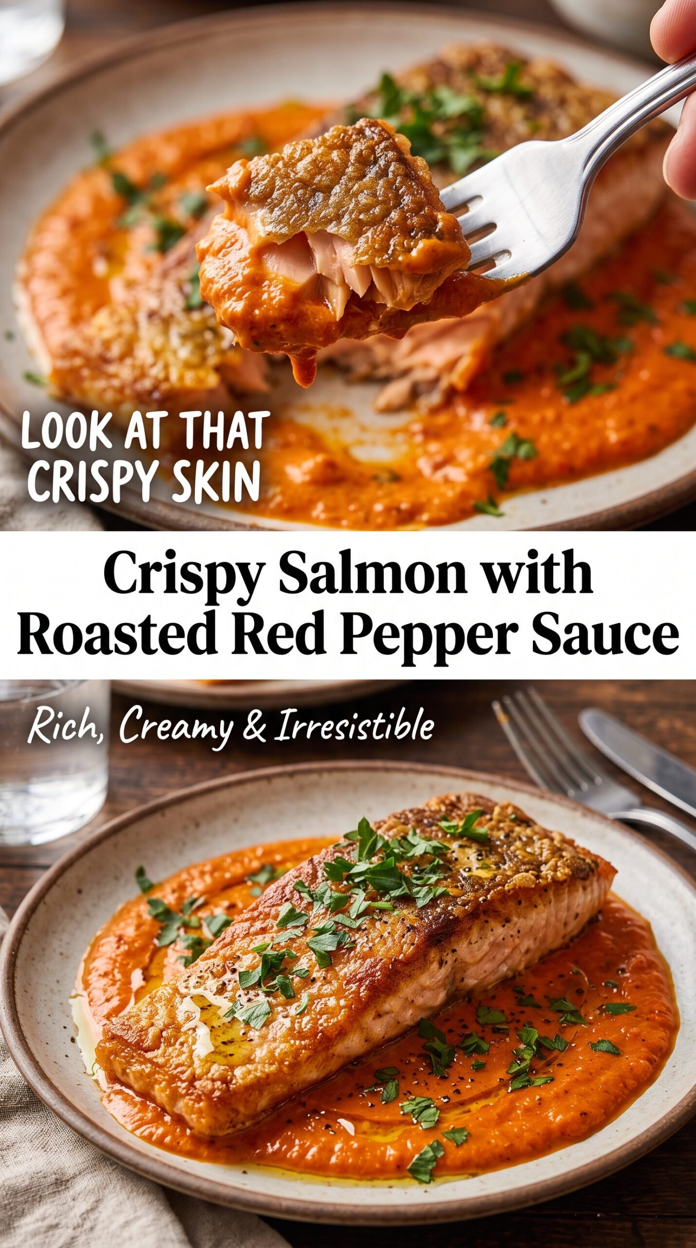 Crispy Salmon with Roasted Red Pepper Sauce, crispy creamy elegant