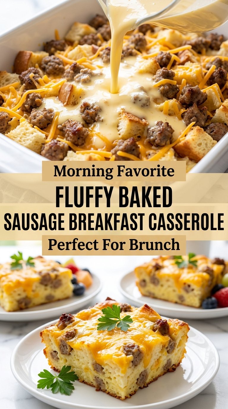 Fluffy baked sausage breakfast casserole savory cheesy custardy