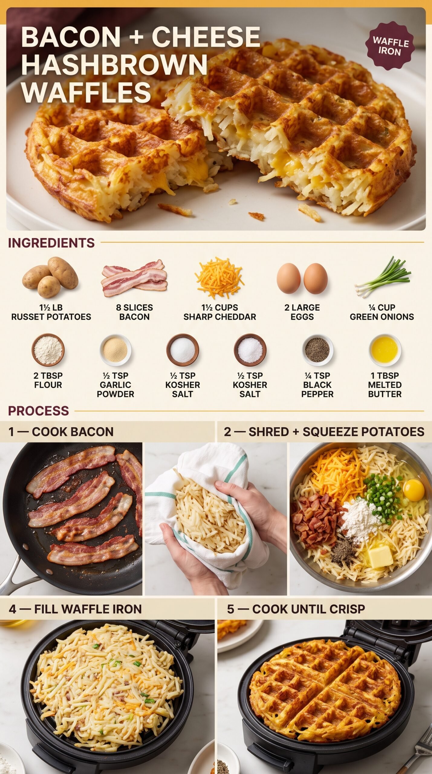 Bacon and Cheese Hashbrown Waffles crispy savory cheesy