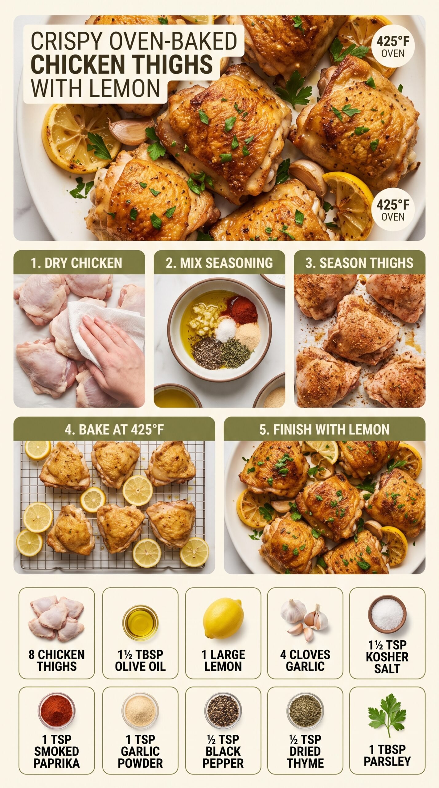 Crispy Oven-Baked Chicken Thighs with Lemon, golden, juicy, savory