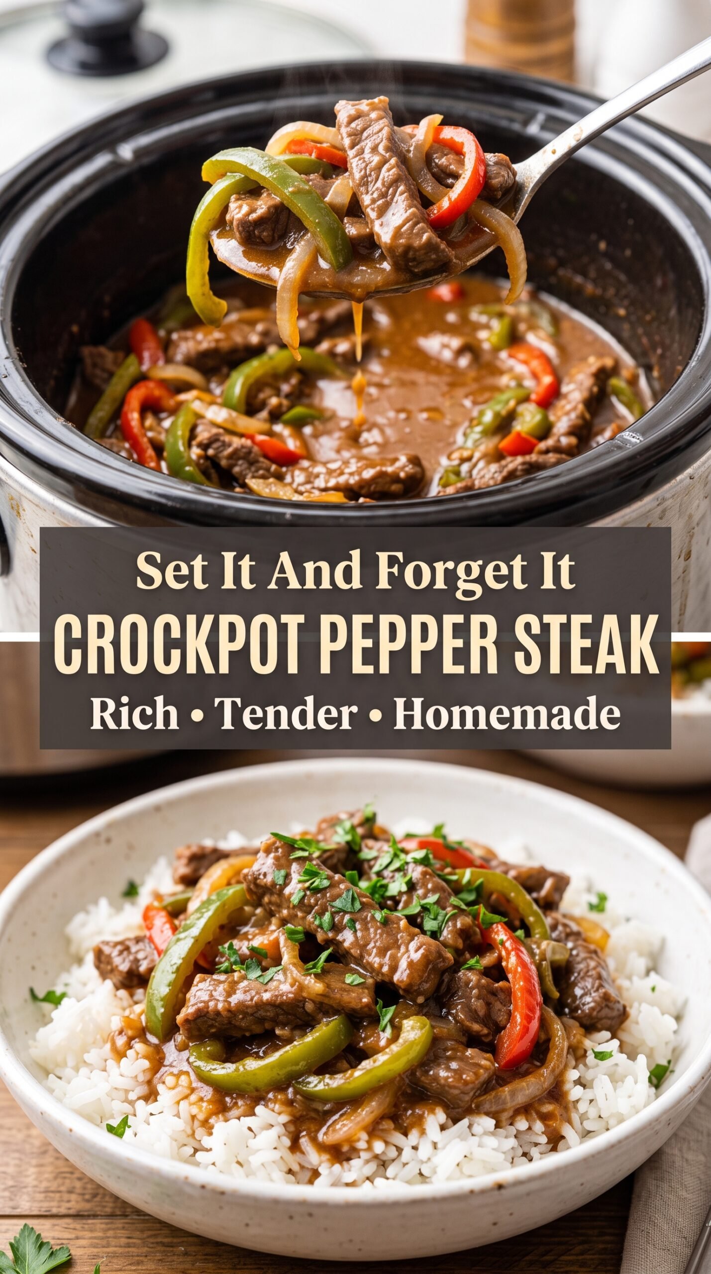 Crockpot Pepper Steak with Peppers and Onions tender beef savory peppers
