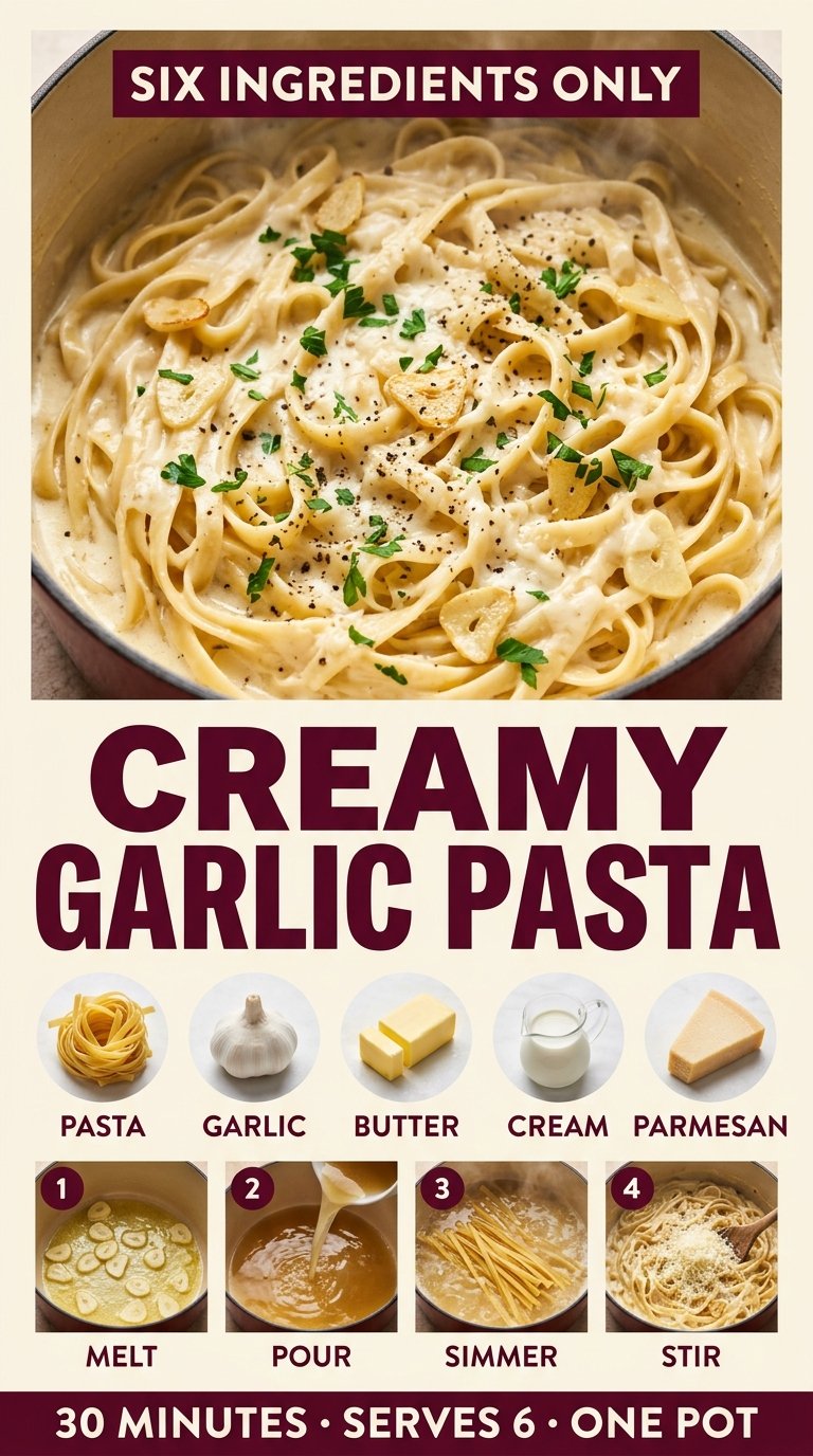 One-Pot Creamy Garlic Pasta with Parmesan, silky garlic, parmesan