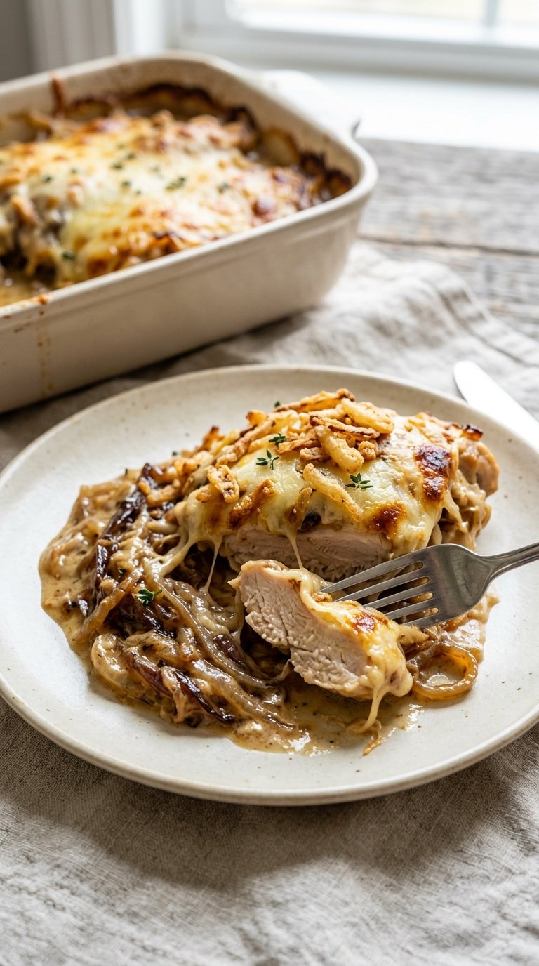 Creamy French Onion Chicken Casserole, cheesy, caramelized, savory