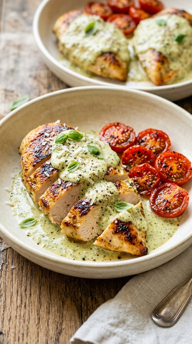 Creamy Pesto Chicken Skillet with golden chicken, basil pesto, and tomatoes