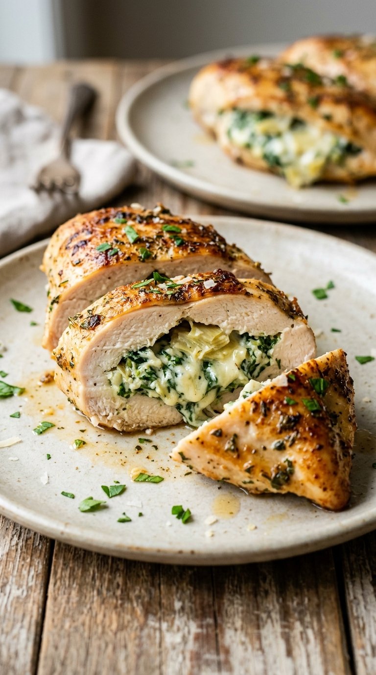 Creamy Spinach Artichoke Stuffed Chicken Breast, cheesy, golden, oven-baked
