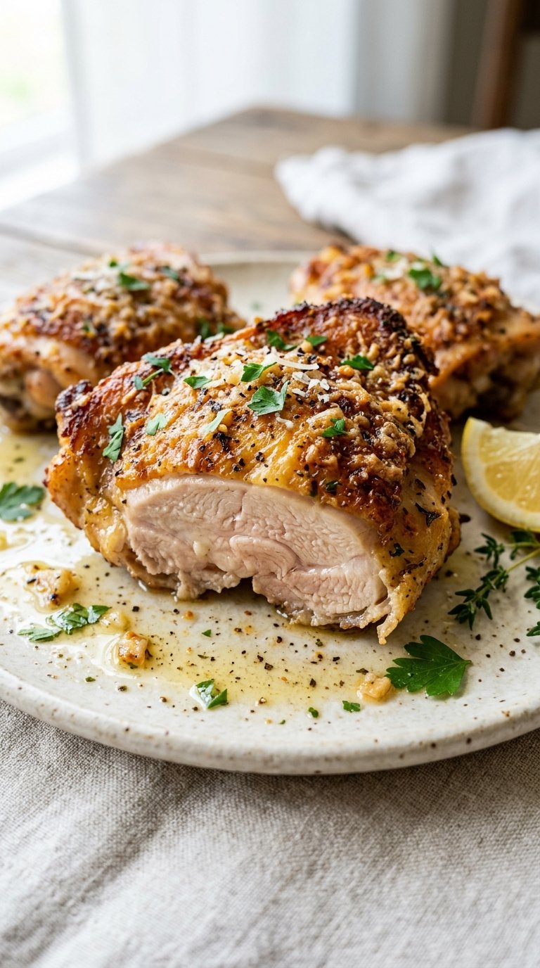 Crispy Garlic Parmesan Chicken Thighs golden crispy cheesy