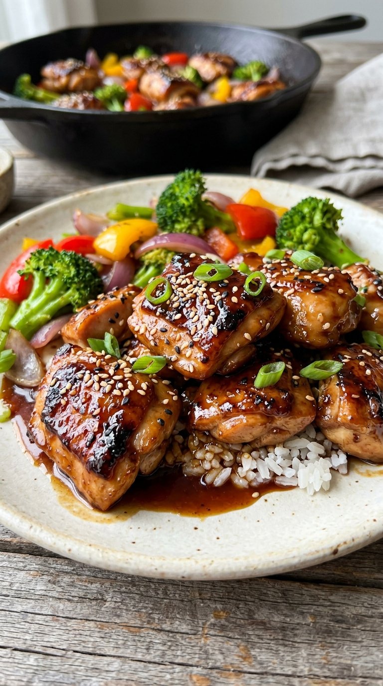 Sticky Teriyaki Chicken Skillet glossy savory vegetables