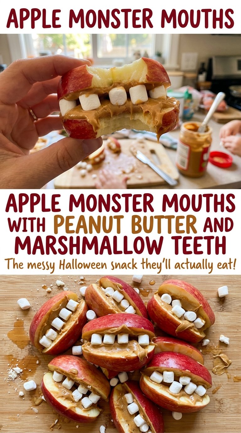 Apple Monster Mouths with Peanut Butter and Marshmallow Teeth, playful snack