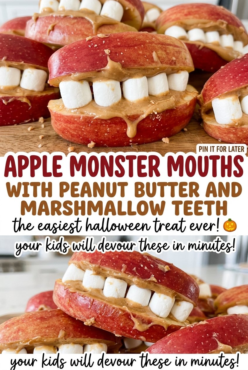 Apple Monster Mouths with Peanut Butter and Marshmallow Teeth, crisp apple wedges