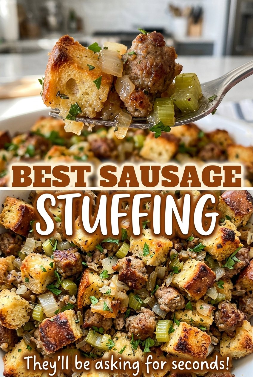 Best Sausage Stuffing golden crisp top