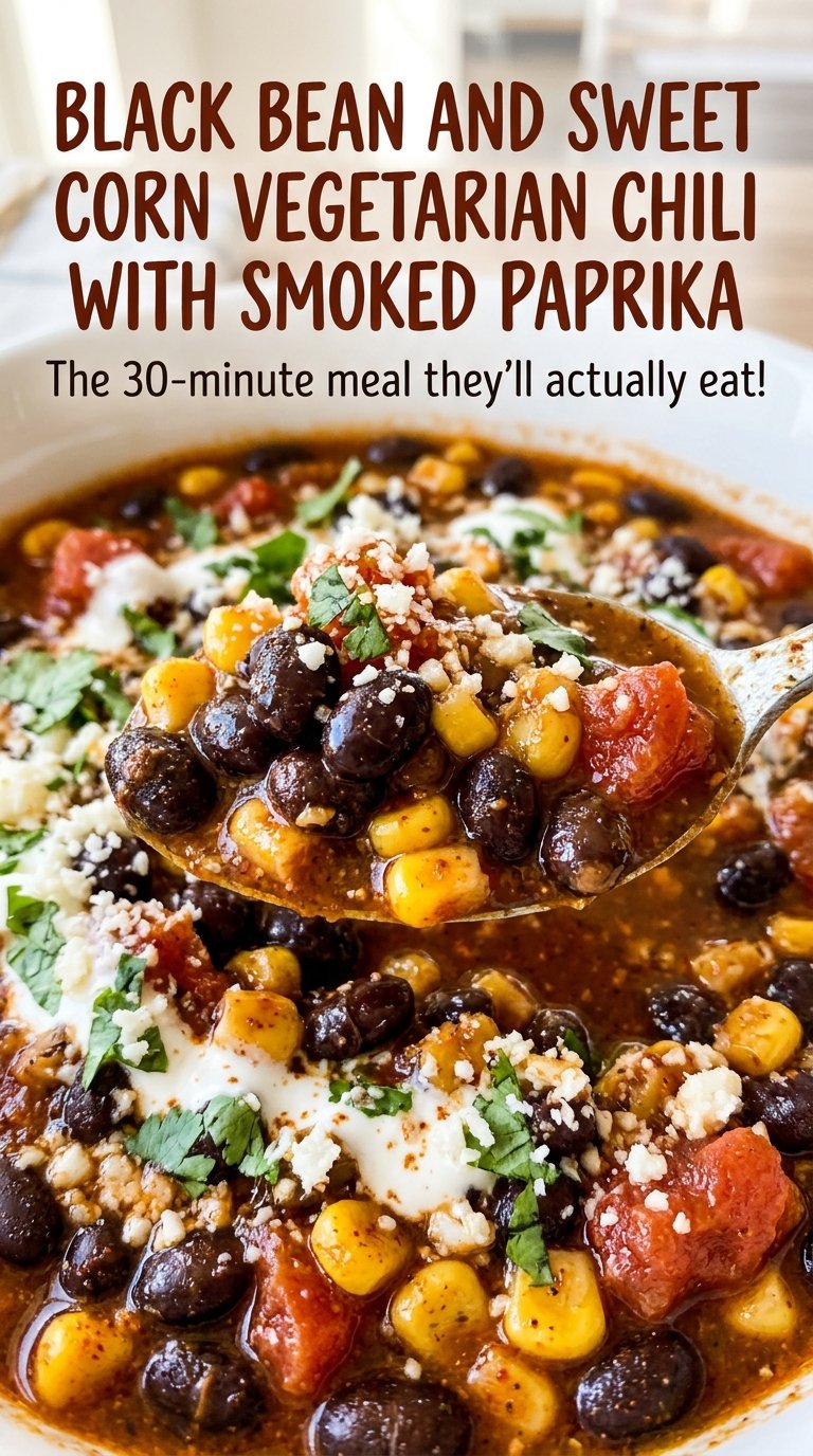 Black bean and sweet corn vegetarian chili with smoked paprika, hearty and colorful