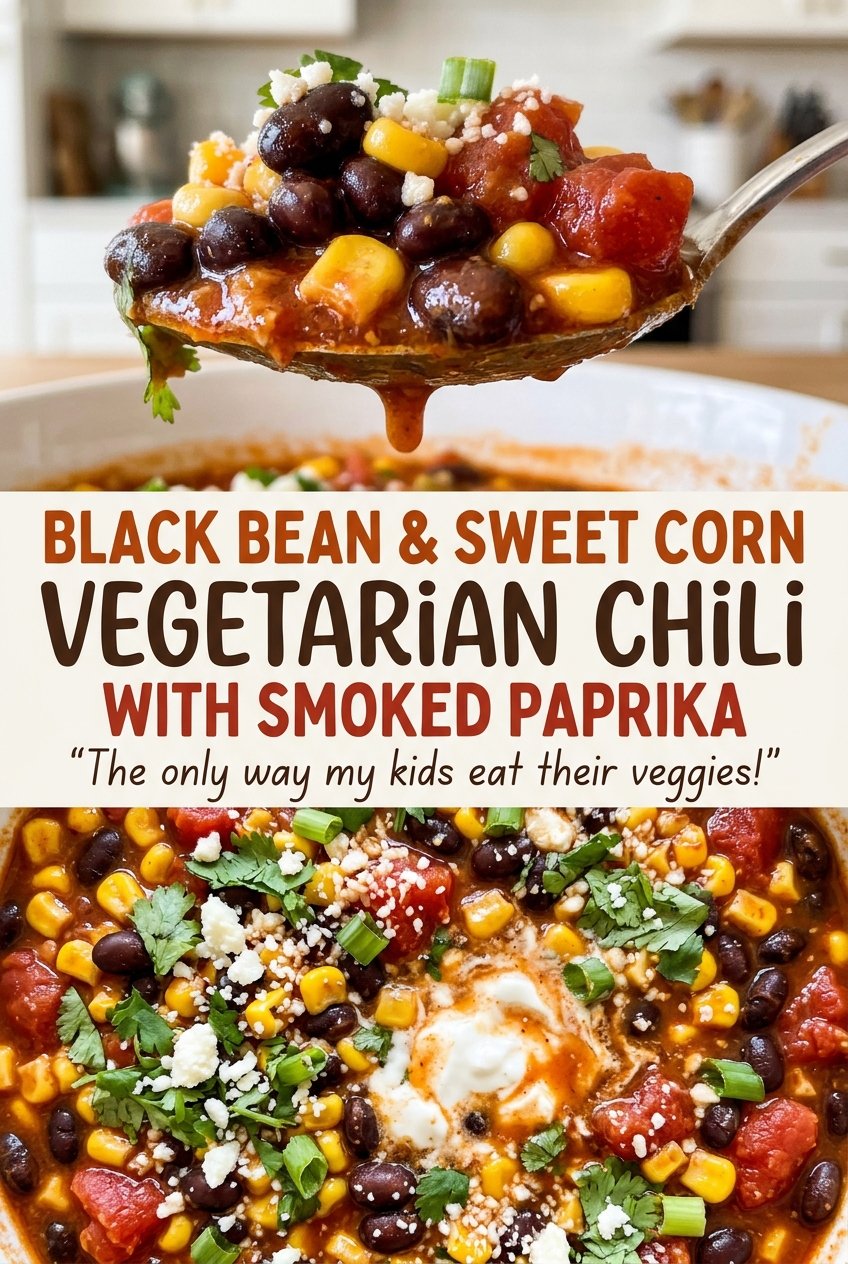 Black bean and sweet corn vegetarian chili with smoked paprika, thick and smoky