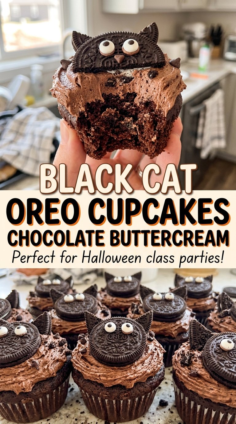 Black Cat Oreo Cupcakes with chocolate frosting and cookie ears
