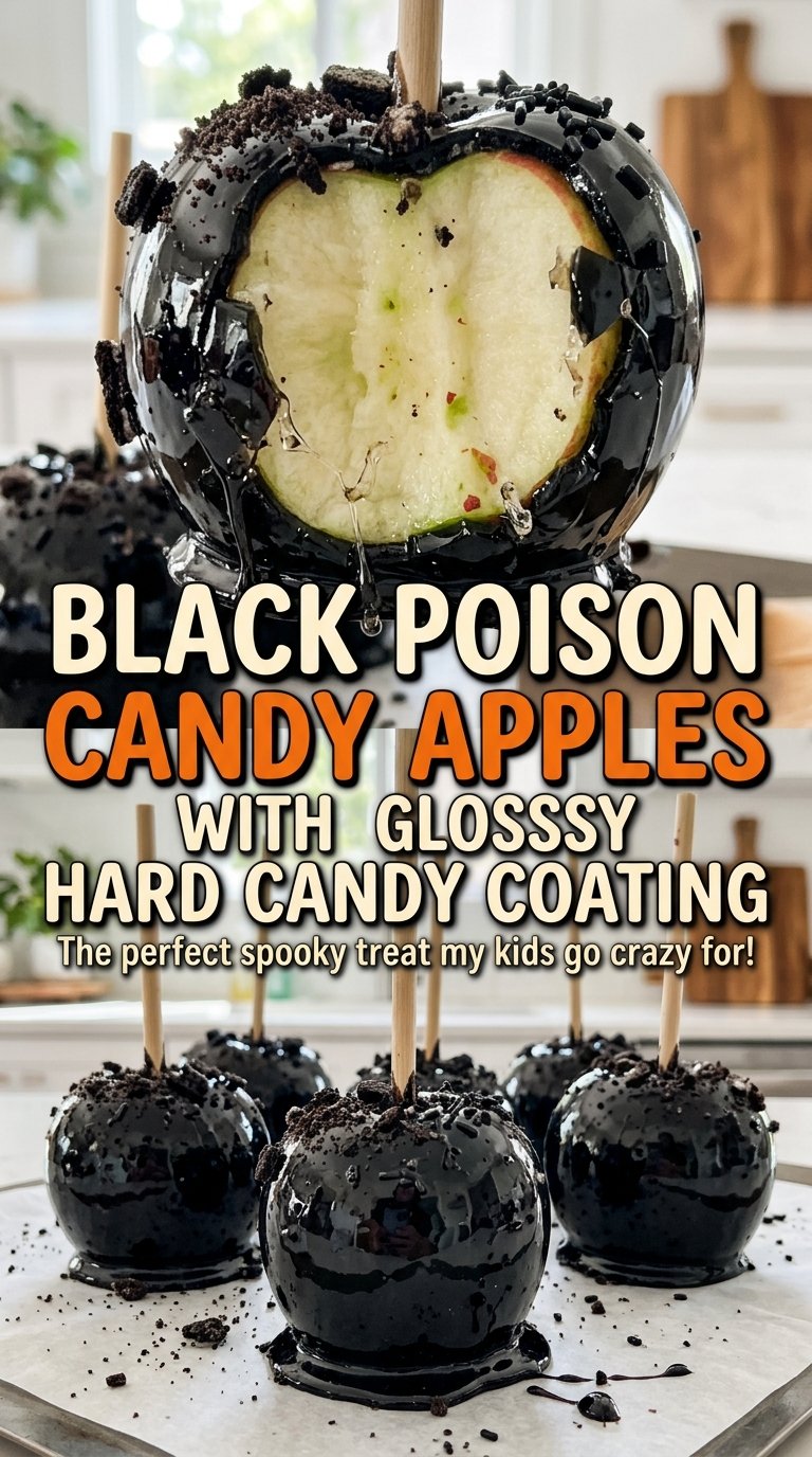Black Poison Candy Apples with Glossy Hard Candy Coating, glossy black shells
