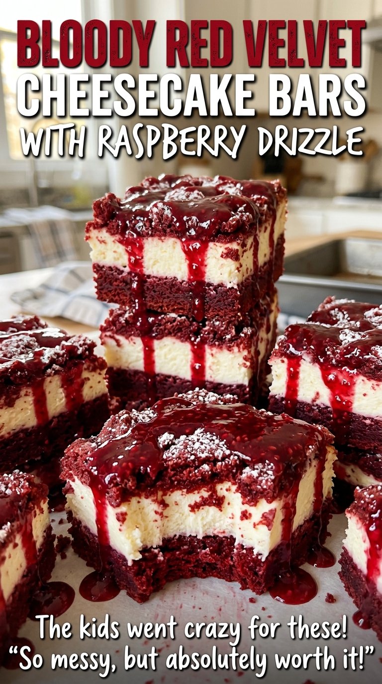 Bloody Red Velvet Cheesecake Bars with Raspberry Drizzle berry topped