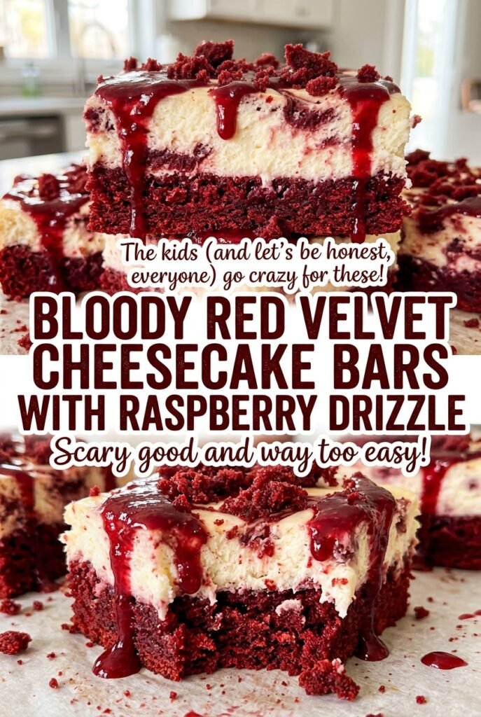 Bloody Red Velvet Cheesecake Bars with Raspberry Drizzle