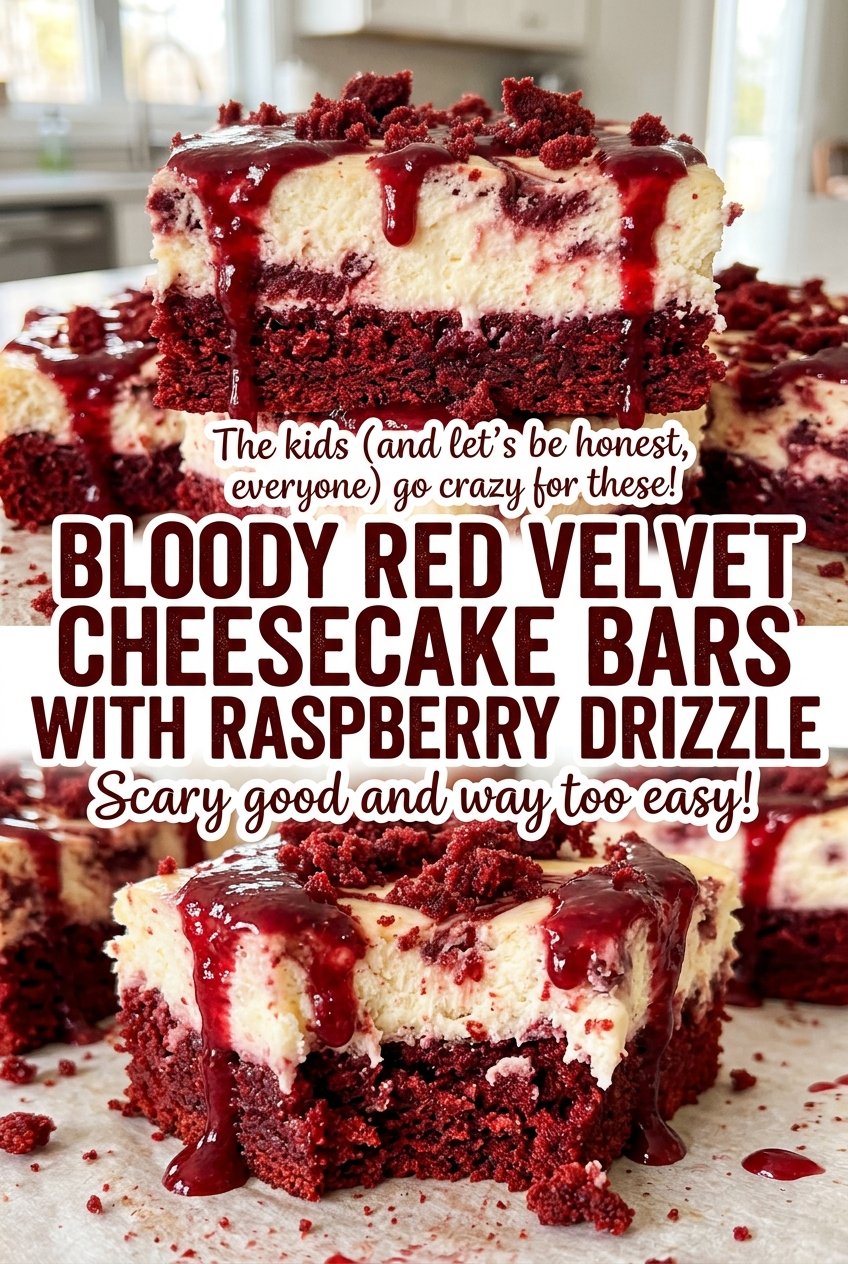 Bloody Red Velvet Cheesecake Bars with Raspberry Drizzle layered cheesecake