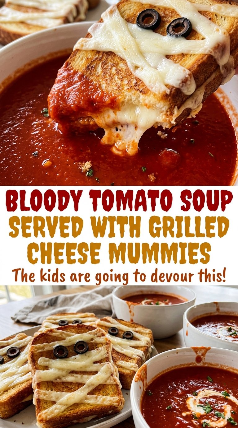 Bloody tomato soup with grilled cheese mummies, smooth and cheesy