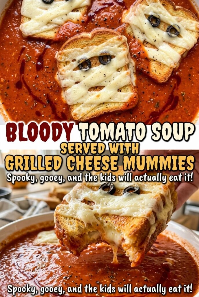 Bloody Tomato Soup Served with Grilled Cheese Mummies