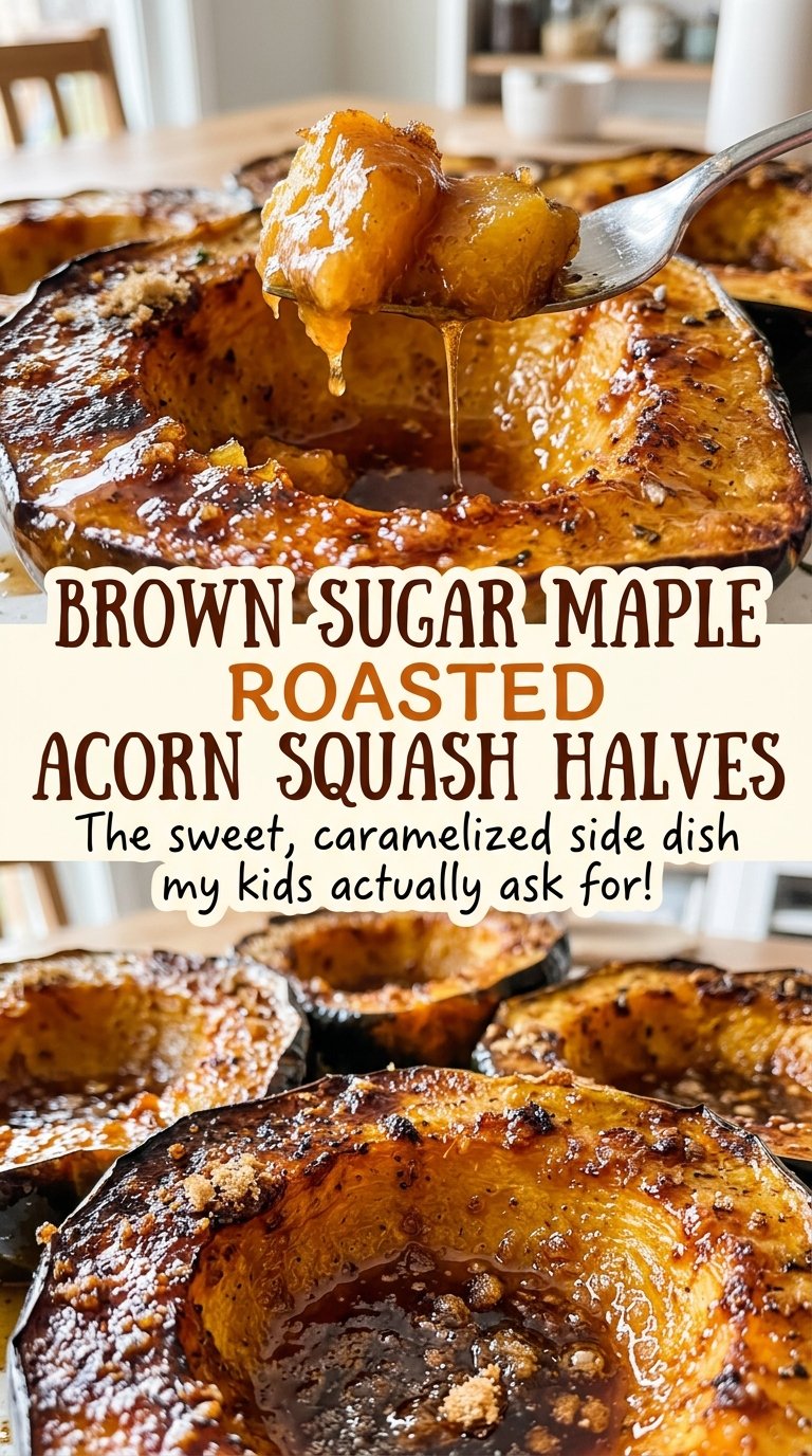 Brown sugar maple roasted acorn squash halves, tender and glossy