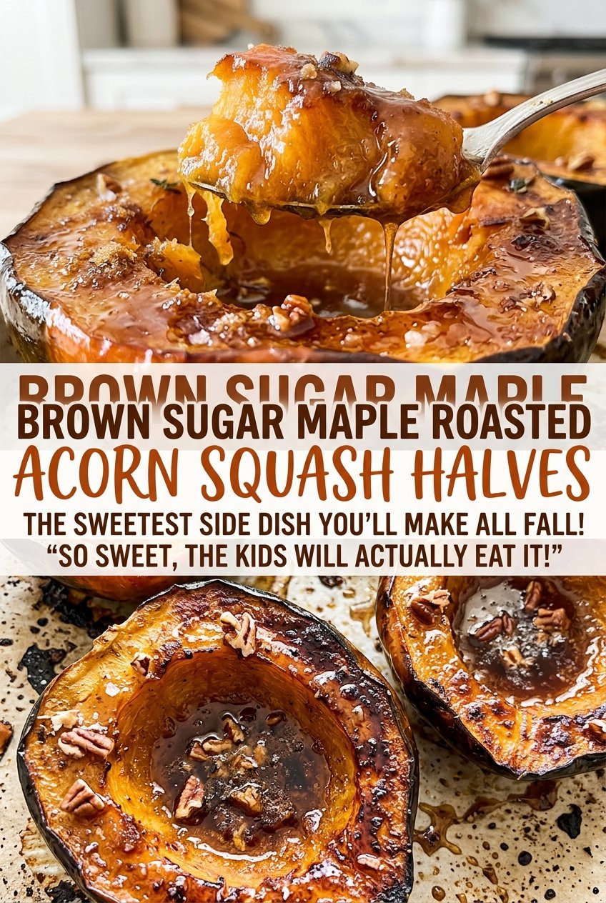 Brown sugar maple roasted acorn squash halves with bubbling glaze
