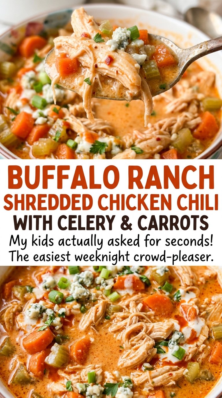 Buffalo Ranch Shredded Chicken Chili with Celery and Carrots, creamy and hearty